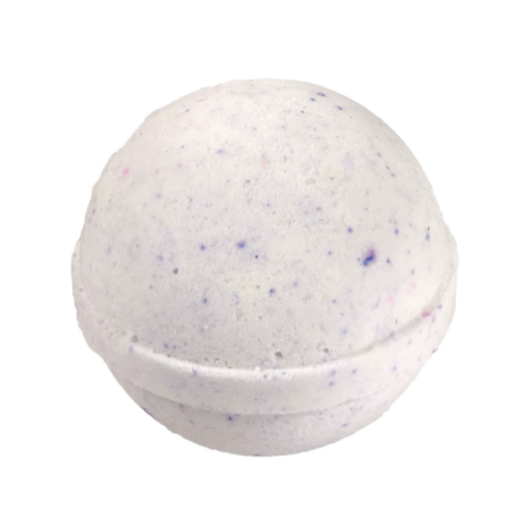 A Lavender Bath bomb with tiny purple pieces. 